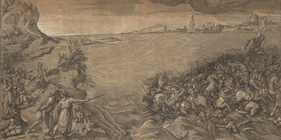 The crossing of the Red Sea, Moses stands at the left pointing to the army being submerged by Andrea Andreani