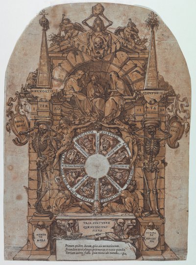 Triumph of Death with Three Fates in an Architectural Frame Above a Wheel of Fortune Flanked by Skeletons; a Skull and an Hourglass at Top and with Wheel Intended to Spin at Center by Andrea Andreani