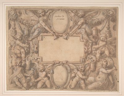 A Cartouche and Two Shields Surrounded by Allegorical Figures by Andrea Lilli