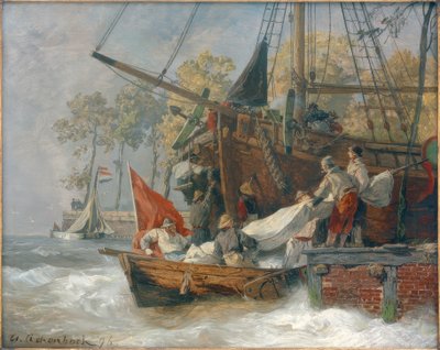 Harbor Entrance in Stormy Sea by Andreas Achenbach