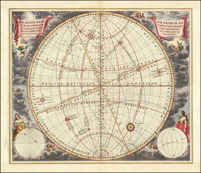 1660 celestial chart illustrating the motions of both the upright sphere and the oblique sphere by Andreas Cellarius