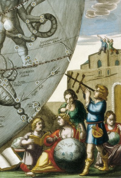 Scientists (Astrologers and Astronomers) Studying Globes and the Sky Chart, Detail from Atlas Coelestis seu Harmonia Macrocosmica by Andreas Cellarius (1596-1665) by Andreas Cellarius