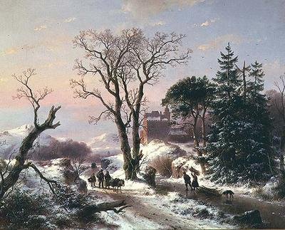 A Wooded River Landscape with Peasants on a Path, and a Castle Beyond by Andreas Schelfhout