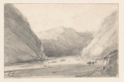 Mountain landscape with a river and a figure with two laden donkeys by Andreas Schelfhout