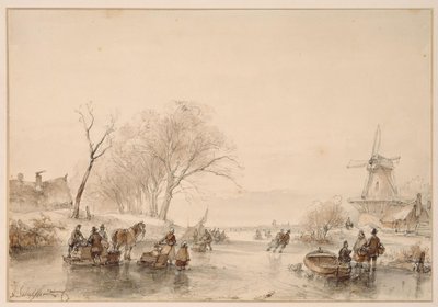 A Frozen Canal, a Horse Pulling a Turf Sledge on the Left by Andreas Schelfhout