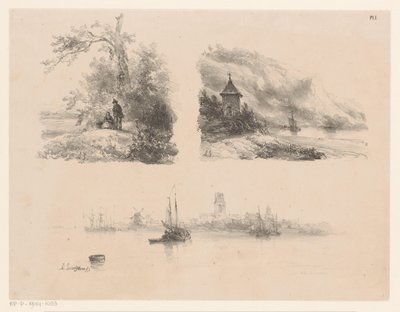 Figures in a Forest, a River along a Mountainous Coast, and Boats on the Water by Andreas Schelfhout