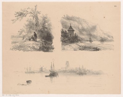 Figures in a Forest, a River along a Mountainous Coast and Boats on the Water by Andreas Schelfhout