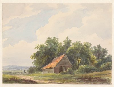Landscape with Barn and a Shepherd with Sheep in the Distance by Andreas Schelfhout