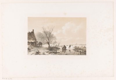 Skaters and Man with Sled on Frozen River by Andreas Schelfhout