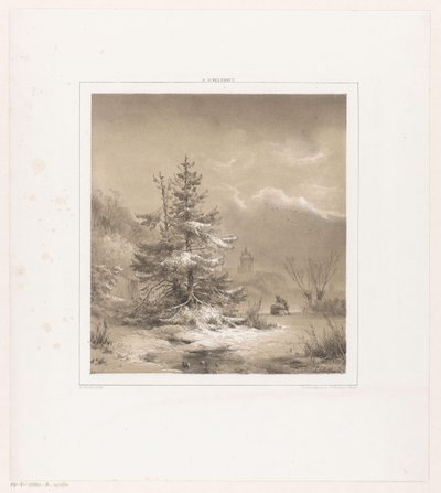 Winter Landscape with Conifer Trees and Man with Sled by Andreas Schelfhout