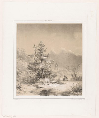 Winter Landscape with Coniferous Trees and Man with Sled by Andreas Schelfhout