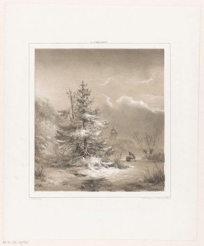 Winter Landscape with Pine Trees and Man with Sledge by Andreas Schelfhout