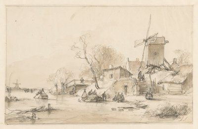 Winter Landscape with a Mill and Some Houses on a Dike at Right by Andreas Schelfhout