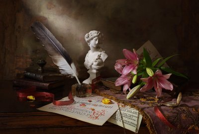 Quill and Pink Lilies by Andrey Morozov