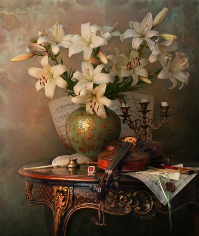 Vintage Lilies and Violin by Andrey Morozov