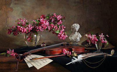 Violin Still Life With Blossoms by Andrey Morozov