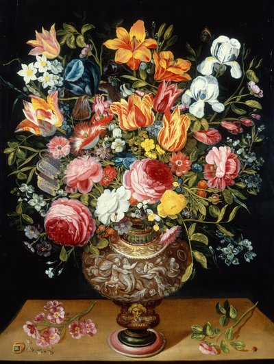 Roses, Tulips, Narcissi, Irises and Other Flowers in a Sculpted Urn and a Ladybird on a Ledge by Andries Daniels or Danielsz