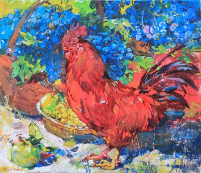 Colorful Rooster and Grapes by Andrii Kutsachenko