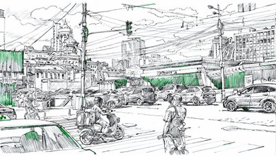 Urban Traffic Drawing by Andrii Kutsachenko