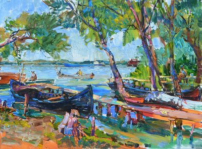Vibrant Riverside Boats by Andrii Kutsachenko