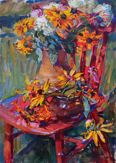 Yellow Blooms Red Chair by Andrii Kutsachenko
