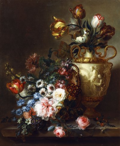 Tulips in a Vase and Roses in a Basket on a Stone Ledge by Ange Louis Guillaume Lesourd Beauregard