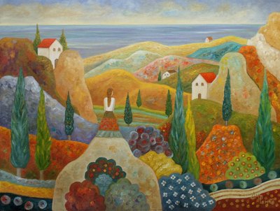 Woman Overlooking Mediterranean Hills by Angeles M. Pomata