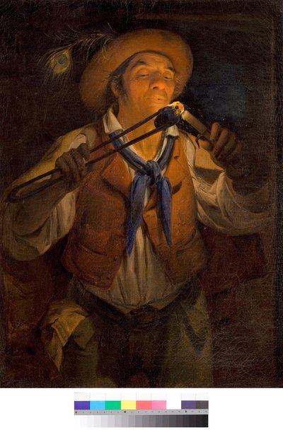 A peasant lights a candle with a burning coal by Angelo Inganni
