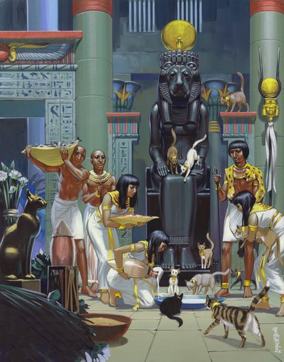Servants Feeding Cats in an Ancient Egyptian Temple by Angus McBride