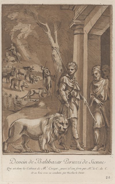 A shepherd holding a lion on a leash in the foreground by Anne Claude Philippe de