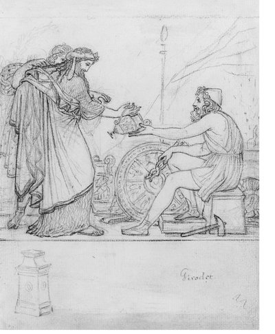 Anacreon receiving a Silver Vase from two standing Figures, with a study of a stele: An Illustration to Anacreon