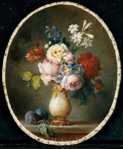 A Vase of Flowers and Two Plums on a Marble Tabletop by Anne Vallayer Coster