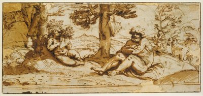 Flute-playing Cupid and Silenus in an Arcadian Landscape by Annibale Carracci