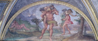 Lunette depicting Aeneas Fleeing from Burning Troy Carrying his Father Anchises Followed by Ascanius Carrying his Mother, from the Camerino by Annibale Carracci