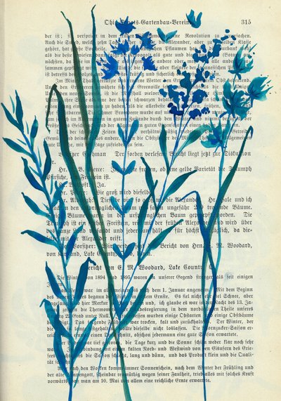 Blue Flowers Old Text by Annick