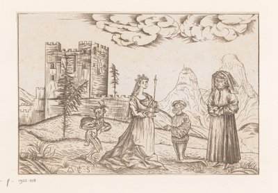 Three People and a Devil in a Landscape Before a Castle by Anonymous