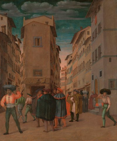 Florentine Street Scene with Twelve Figures (Sheltering the Traveler, one of the Seven Works of Mercy) by Anonymous