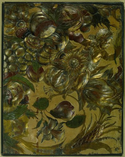 Fragment of Gold Leather with Embossed Ornament with Vines, Flowers, Fruits, and a Putto by Anonymous