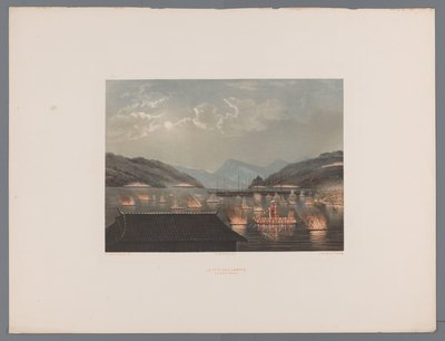 View of a bay in Japan with burning and lantern-lit ships by Anonymous