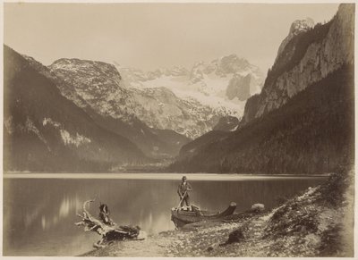View of a Lake and Surrounding Mountains with a Man Standing in a Boat, Probably in the Alps by Anonymous
