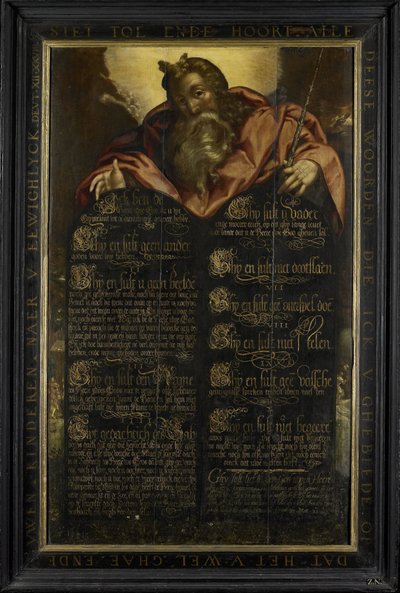Moses Showing the Tables of the Law with the Ten Commandments in Calligraphy by Anonymous