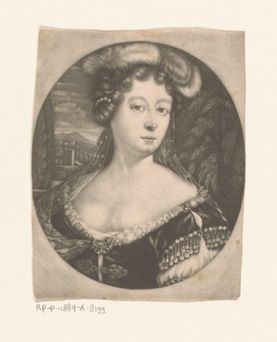 Portrait of an Unknown Woman with Feathers and Pearls in Her Hair and a Dress with Gemstones by Anonymous