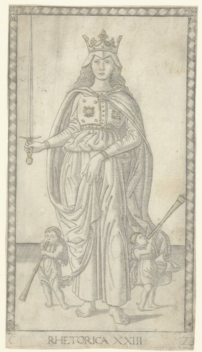 Rhetoric with Sword and Two Small Angels with Trumpets (series title: Tarocchi) by Anonymous