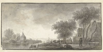 River Landscape with Cattle and a Few Houses by Anonymous
