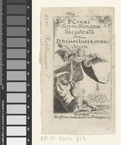 Satyr and Angel Blowing a Trumpet (Title Page for: Petrus Cunaeus, Satyra Menippea Incastrata, 1632) by Anonymous