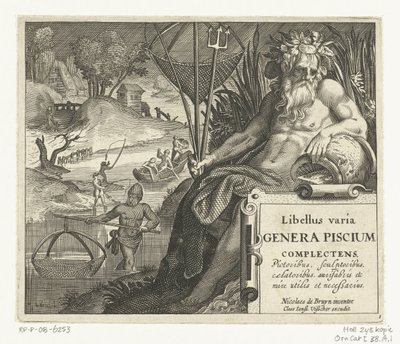 Title Page with Title and River God with Trident and Fishing Net in Landscape with Fishermen by Anonymous