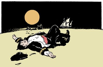 A captain killed by pirates is abandoned on an island, the pirate ship moves away on the horizon (Illustration from 