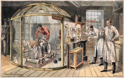 A man in a bell: experience on the expenditure of human energy carried out by English scientists. Engraving from the newspaper Le Peute Parisien, on 24/05/1908. Private collection. by Anonymous Anonymous