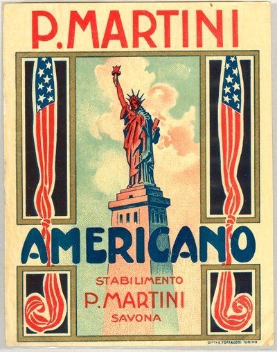 Advertisement for Italian short drink Americano, with American flag and Statue of Liberty by Anonymous Anonymous