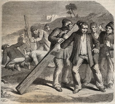 Attempted escape at the Fort of Belle-Ile-en-Mer in the 19th century. Engraving in 